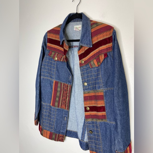 Vintage 90s Tibetan Woven Patchwork Panels Denim Long Line Hippie Jacket Sz S - Picture 3 of 8